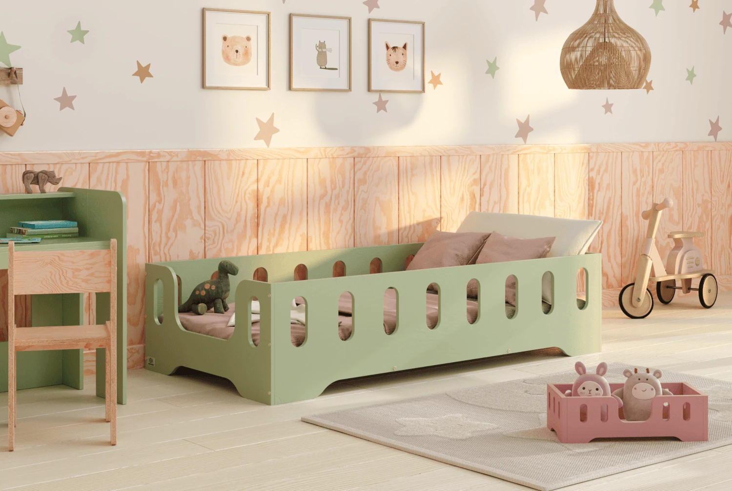 Łóżko pojedyncze dla dzieci z barierką i stelażem TILA 2 Montessori Drewniane